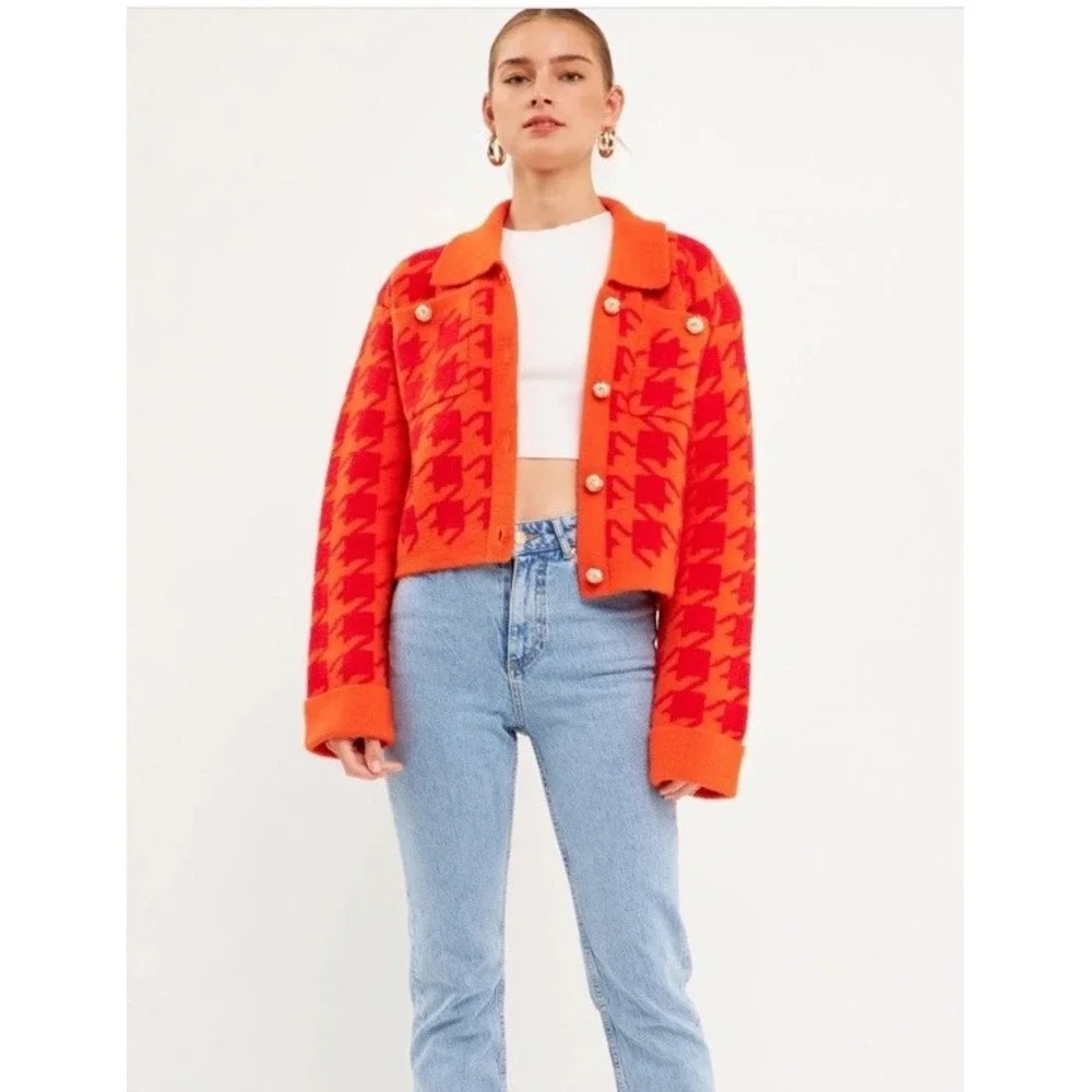 Anthropologie English Factory Houndstooth Cropped Cardigan Sweater Large Org/Red - Picture 8 of 11